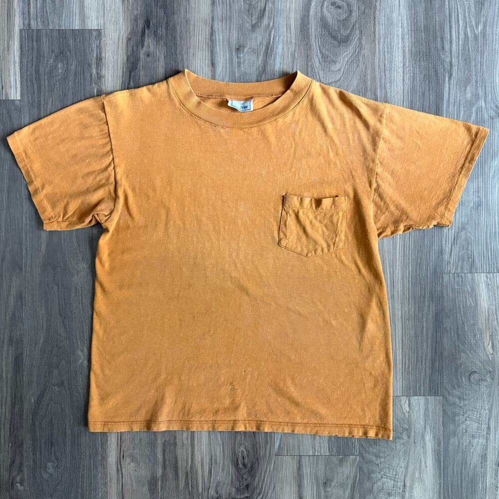Vintage Faded Mustard Yellow Orange Pocket T-Shirt Men's Size M Boxy Fit 1980s
